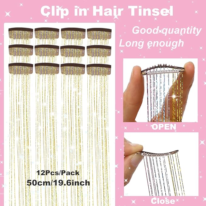 12Pcs Hair Tinsel Clip in Glitter Tinsel Hair Extensions 19.6Inch Clip in Hair Tinsel Kit Heat Resistant Shiny Sparkly Fairy Hair Accessories for Women Girls Kids (Gold)