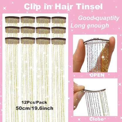 12Pcs Hair Tinsel Clip in Glitter Tinsel Hair Extensions 19.6Inch Clip in Hair Tinsel Kit Heat Resistant Shiny Sparkly Fairy Hair Accessories for Women Girls Kids (Gold)