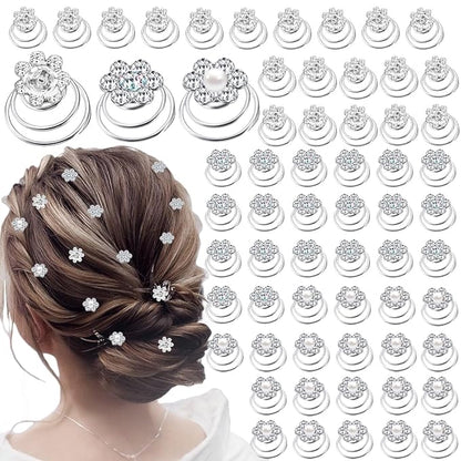 60 PCS 3 Shapes Gems Rhinestone Twister Hair Studs Set Diamond Spiral Pearl Flower Jewels Hair Pins Sticks for Wedding, Bridal, Prom, Party and Special Occasion(Flower Series)