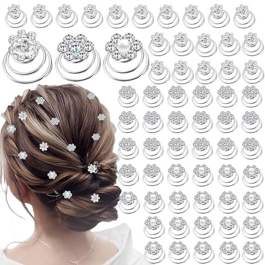 60 PCS 3 Shapes Gems Rhinestone Twister Hair Studs Set Diamond Spiral Pearl Flower Jewels Hair Pins Sticks for Wedding, Bridal, Prom, Party and Special Occasion(Flower Series)