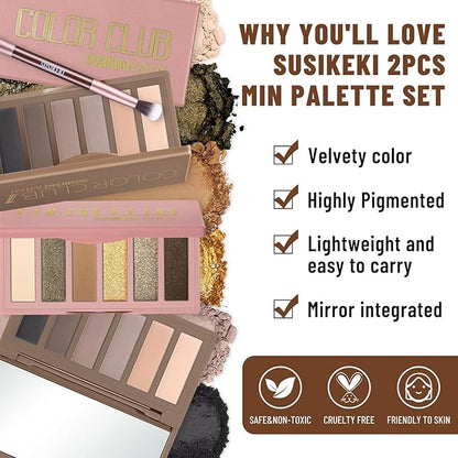 2PCS 6 Colors Mini Naked Eyeshadow Palette Makeup with Brush Set Neutral Nude Eye Shadow Brown & Olive-colored Matte Shimmer Make Up Pallet with Mirror Highly Pigmented Travel Size Gift Kit