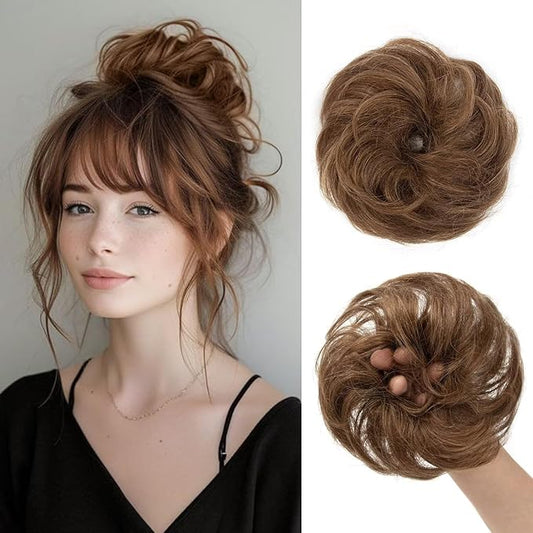 1 PCS Messy Bun Hair Piece Real Human Hair Thick Updo Wavy Curly Chignon Ponytail Hair Extensions Hair Bun Hairpieces for Women Girls (#6 Honey Brown)