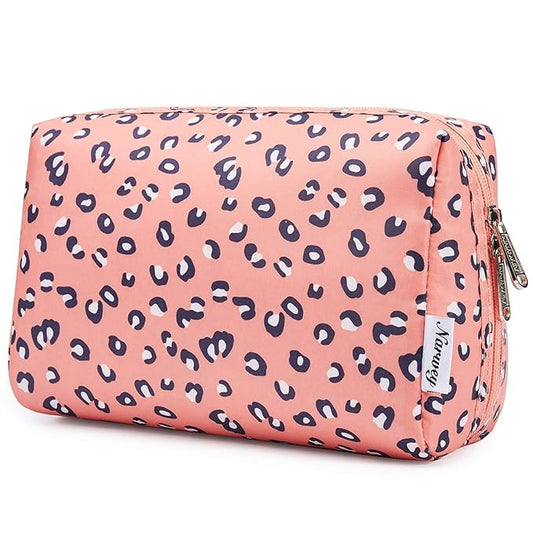 Narwey Cute Cheetah Makeup Bag Travel Cosmetic Bag Organizer Toiletry Bag Make Up Bags with Compartments for Women Girls (Large, Leopard)