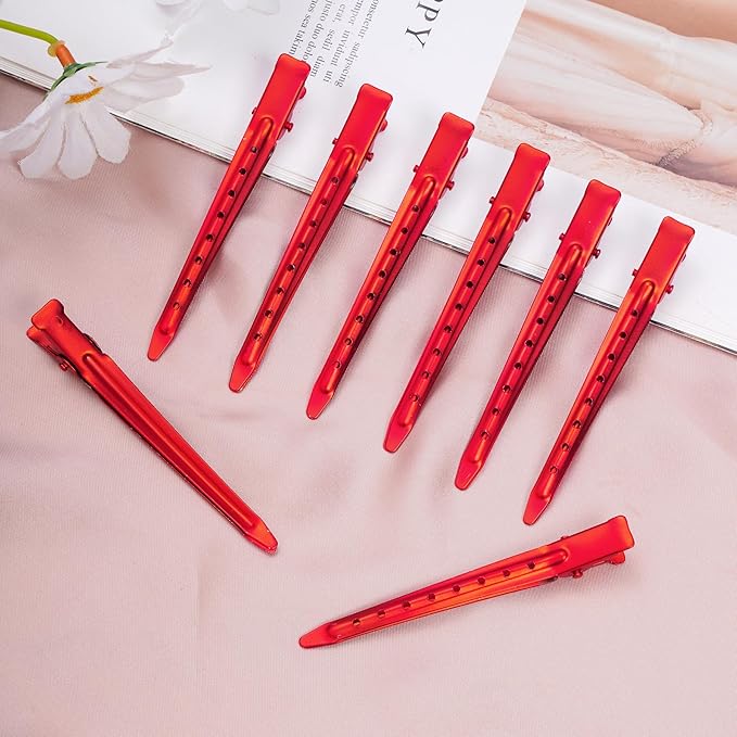 24 Packs Duck Bill Clips, Bantoye 3.35 Inches Rustproof Metal Alligator Curl Clips with Holes for Hair Styling, Hair Coloring, Matte Red