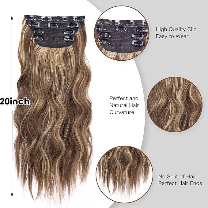 4PCS Clip in Hair Extensions Honey Blonde Mixed Light Brown 20 Inch Long Wavy Synthetic Hair Extensions (4pcs, 20Inch, 22H10#)