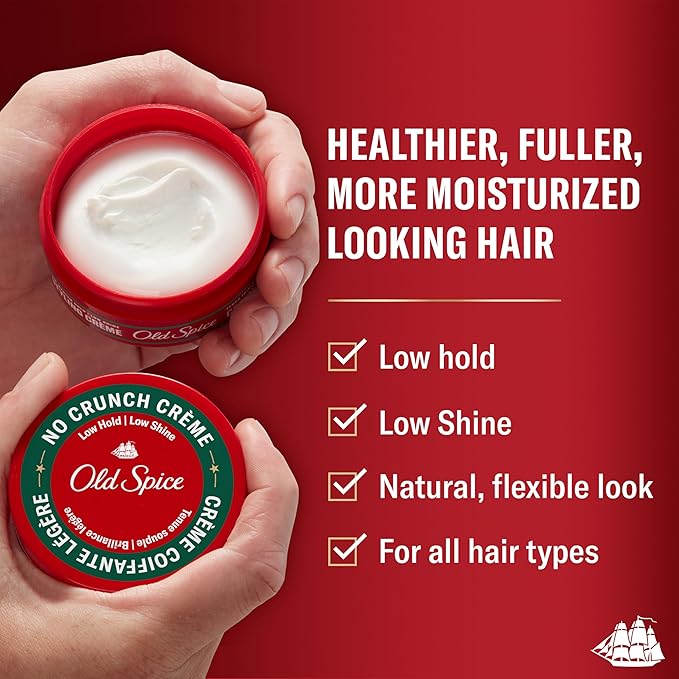 Old Spice No Crunch Crème, Hair Styling Crème for Men, Low Hold with Low Shine, 2.22 oz