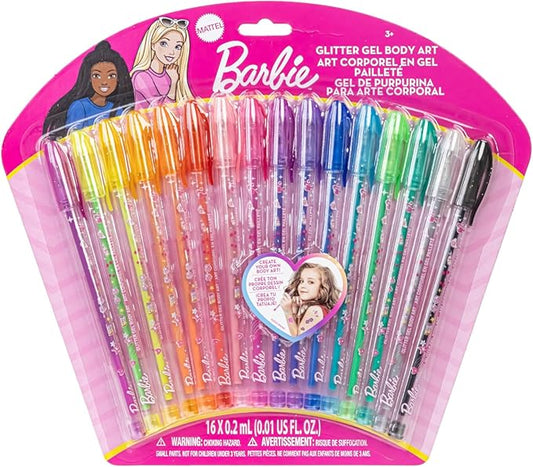 Townley Girl Barbie 16 Piece Glitter Pen Body Art Set, Glittery and Bright Colors, Ages 3