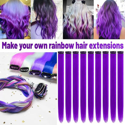 22 inch Colored Hair Extensions Straight Hairpiece, Multi-colors Party Highlights Clip in Synthetic Hair Extensions for Women Kids Girls Favor Cosplay Gift (10pcs Purple)