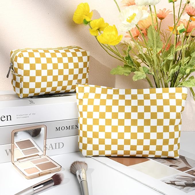2 Pcs Checkered Makeup Bag Large Cosmetic Bag Toiletry Bag Makeup Pouch Travel Bag Organizer Cute Makeup Brushes Aesthetic Accessories Storage Bag for Women Golden Yellow