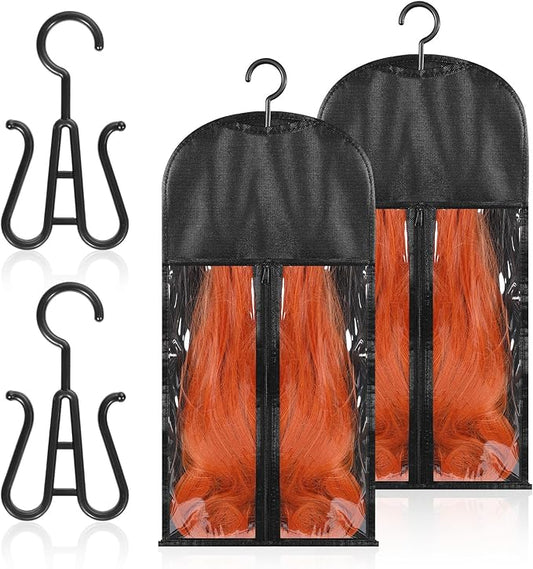 2Pcs Hair Extension Holder Wig Storage Bags with Hanger for Multiple Wigs Dust Proof Wig Hanger for Store Hair Extensions wigs Accessories（Black）