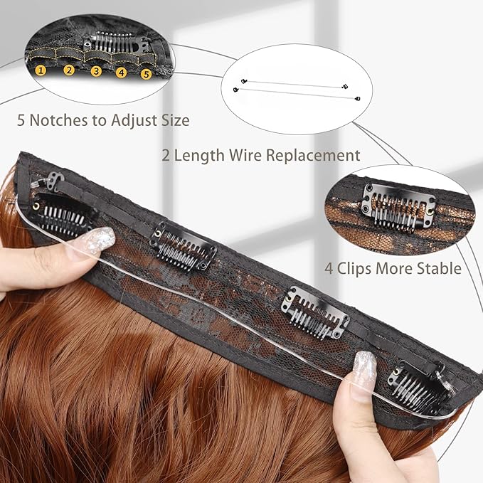 MORICA Halo Hair Extensions 20 Inch Auburn Invisible Wire Hair Extensions, Long Wavy Synthetic Hairpiece with Transparent Wire Adjustable Size, 4 Secure Clips for Women