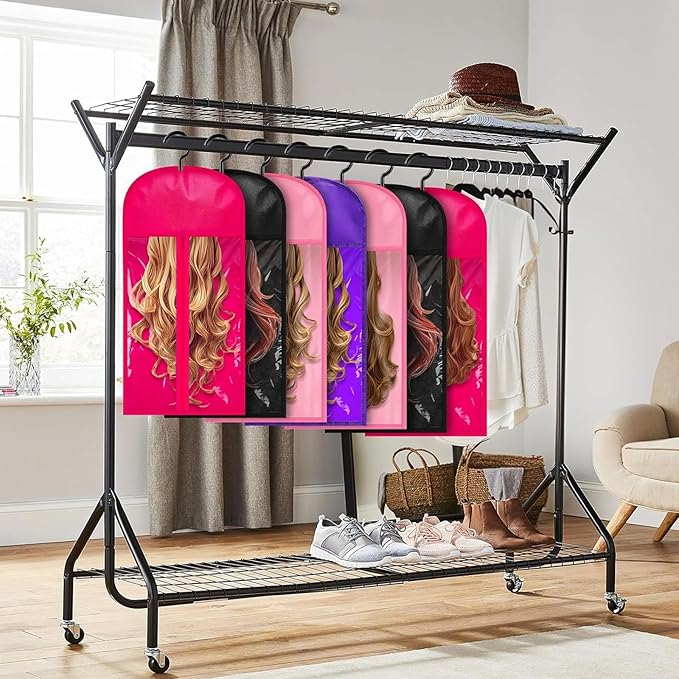 2Packs Hanging Wig Stand 2packs Wig Storage Bags Dust-proof Wig Bags With Hanger With Clear Zipper Closure for Multiple Wigs Hats and Hair Extensions Accessories (White stand-Black bag)