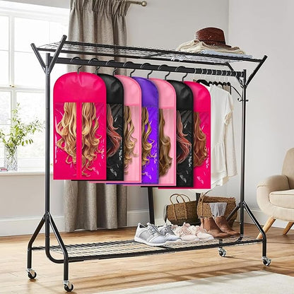 2Packs Hanging Wig Stand 2packs Wig Storage Bags Dust-proof Wig Bags With Hanger With Clear Zipper Closure for Multiple Wigs Hats and Hair Extensions Accessories (White stand-Black bag)