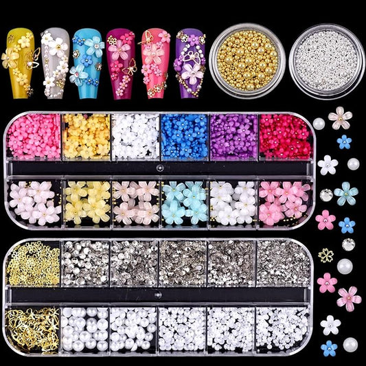 Nail Art Pearls Flatback Rhinestones Flower Nail Charms Gold Silver Beads White Half Round Supplies Luxurious Design Jewelry DIY Crafts Accessories for Women Manicure Decorations