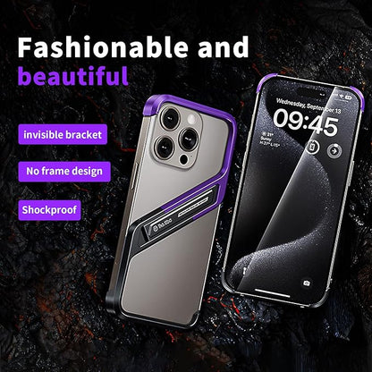 Lightweight Aluminum Alloy Shockproof Frame Case for iPhone 15 Pro Max Metal Bumper Cover with Hidden Stand (Purple)