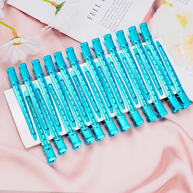 24 Packs Duck Bill Clips, Bantoye 3.35 Inches Rustproof Metal Alligator Curl Clips with Holes for Hair Styling, Hair Coloring, Bright Blue