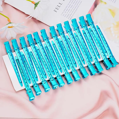 24 Packs Duck Bill Clips, Bantoye 3.35 Inches Rustproof Metal Alligator Curl Clips with Holes for Hair Styling, Hair Coloring, Bright Blue
