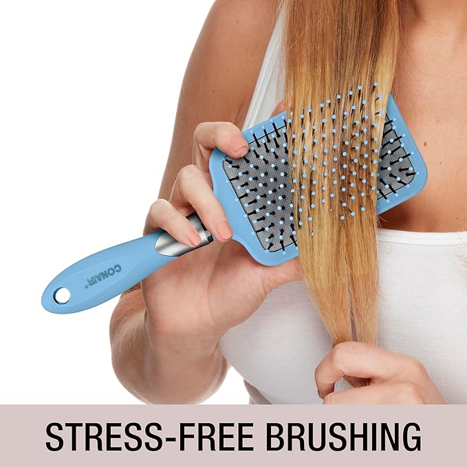 Conair Velvet Touch Paddle Cushion hair brush - Detangling hairbrush - curly or straight styles - men or women - detangler - features soft touch handle - Sky Blue