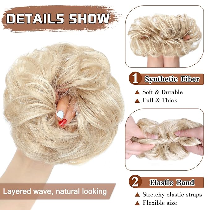 MORICA Messy Bun Hair Piece for Women - Elastic Wavy Curly Fake Bun Hair Extension Chignon Ponytail Hairpieces for Women (Ash Blonde & Bleach Blonde)