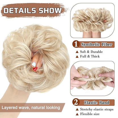 MORICA Messy Bun Hair Piece for Women - Elastic Wavy Curly Fake Bun Hair Extension Chignon Ponytail Hairpieces for Women (Ash Blonde & Bleach Blonde)