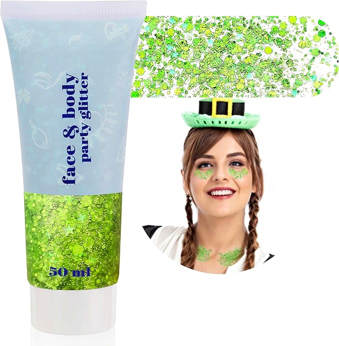 St Patricks Day Lime Green Face Glitter Gel,St Patrick's Day Outfits for Women Light Green Body Glitter, Music Festival Rave Accessories,Carnival Sequins Face Paint Makeup,50 ML