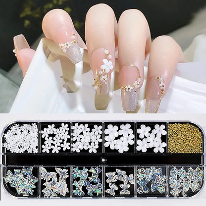 3D Mix-sized Acrylic White Flowers Nail Charms Polar Butterfly Bear Spring Blossom Flower with Starry AB Crystals Rhinestones Pearls Mix Gold for Art DIY Crafting Designs