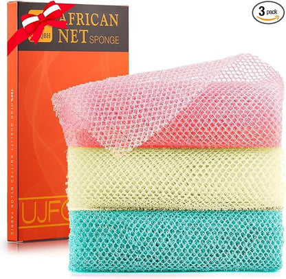 3 Pieces African Net Sponge, African exfoliating net African Net Long Net Bath Sponge Exfoliating Shower Body Scrubber Back Scrubber Skin Smoother（Pink, Green, Off-White）