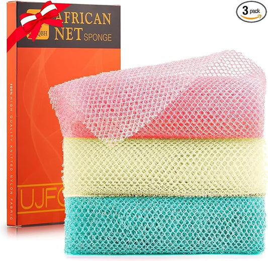 3 Pieces African Net Sponge, African exfoliating net African Net Long Net Bath Sponge Exfoliating Shower Body Scrubber Back Scrubber Skin Smoother（Pink, Green, Off-White）