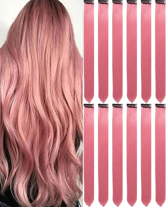 12 PCS Rose Pink Hair Extensions Clips In, Straight Pink Clip Colored Party Highlights Accessories for Women Grils Synthetic Hairpiece Straight 20 Inch