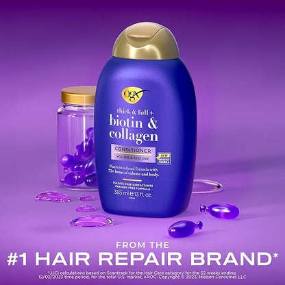 OGX Thick & Full + Biotin & Collagen Volumizing Conditioner, Nutrient-Infused Conditioner with Vitamin B7 Biotin Gives Hair Volume & Body for 72+ Hours, Sulfate-Free Surfactants, 13 fl. Oz