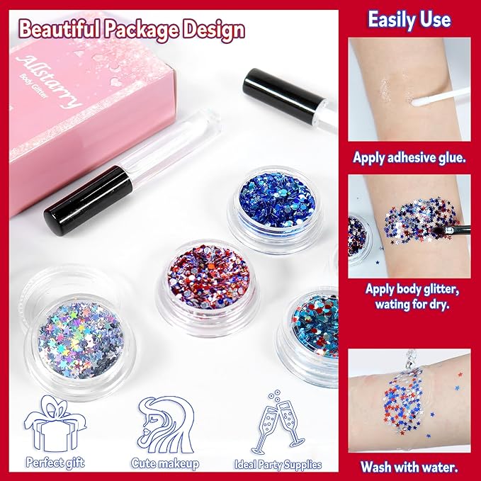 Allstarry Chunky Body Glitter 4 Colors Cosmetic Patriotic Face Glitter Independence Day Hair Sequins Sparkle Veterans Day Eye Flakes 4th of July Accessories for Olympics Party Women Face Paint Makeup