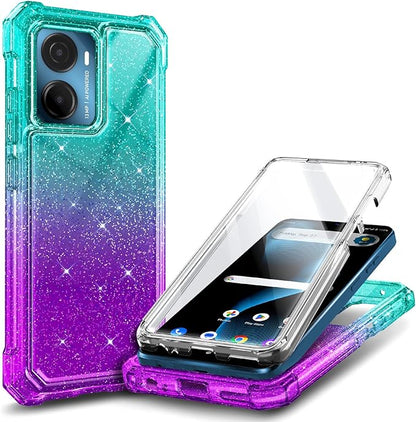 for Cricket Magic 2 5G Case (2024), AT&T Propel 2 5G with [Built-in Screen Protector], [9FT Military Grade Drop Tested] Full-Body Protective Shockproof Bumper Case (Glitter Aqua/Purple)