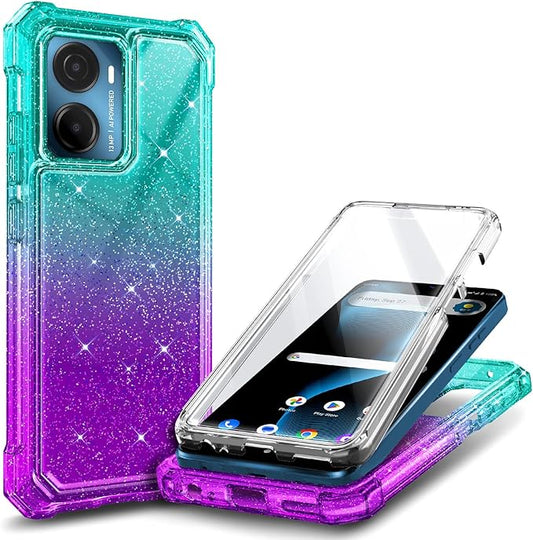 for Cricket Magic 2 5G Case (2024), AT&T Propel 2 5G with [Built-in Screen Protector], [9FT Military Grade Drop Tested] Full-Body Protective Shockproof Bumper Case (Glitter Aqua/Purple)