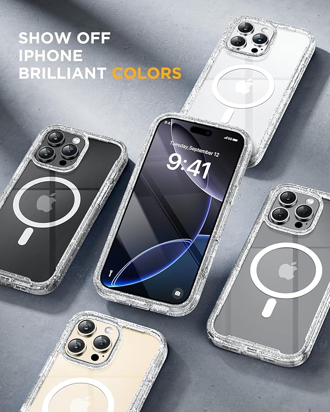 Miracase Magnetic for iPhone 16 Pro Case Full-Body Phone with Built-in Glass Screen Protector, [Compatible with MagSafe] Military Drop Proof 16 Pro Cover Bumper 6.3 inch, Clear Glitter
