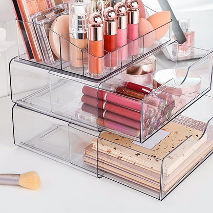 Vtopmart 3 Tier Clear Makeup Organizer with Drawer, Cosmetic Storage for Dresser Countertop and Bathroom Vanity, Beauty Holder for Lipstick Brush Skincare