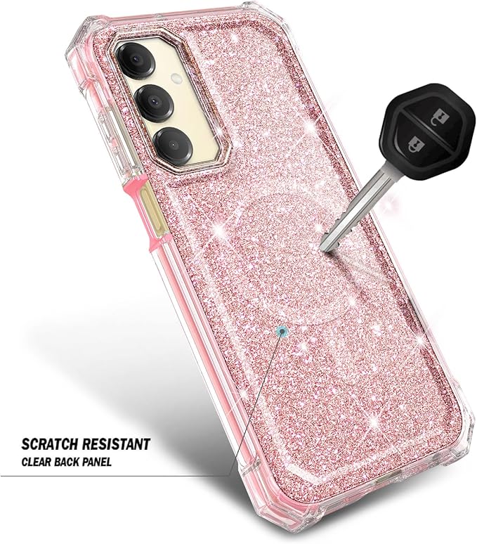 Designed for Samsung Galaxy A16 5G/4G Phone Case, Magnetic Compatible with MagSafe, [Raised Corners Drop Protection] Shockproof Protective Bumper Cover (Glitter Rose Gold)