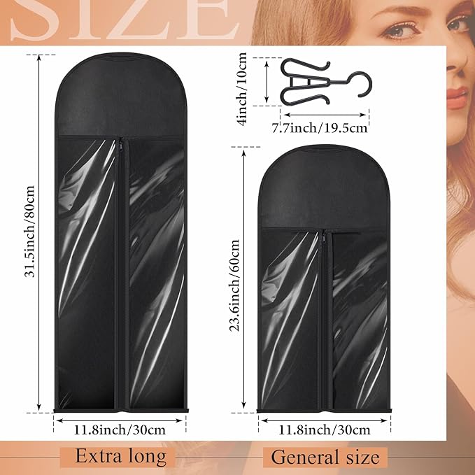 14 Pcs Extra Long Hair Extension Storage Bag with Hanger, Two Sizes for Multiple Wigs, Dust Proof Hanger for Hair Extensions, Accessories, Black