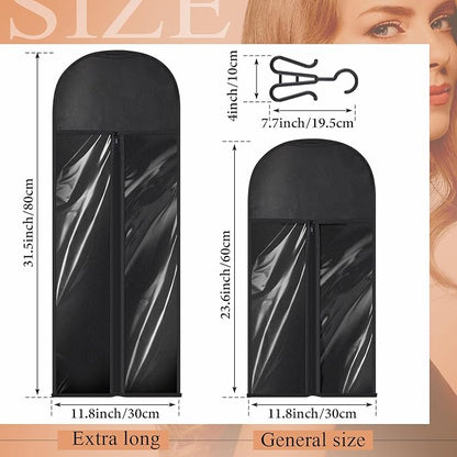 14 Pcs Extra Long Hair Extension Storage Bag with Hanger, Two Sizes for Multiple Wigs, Dust Proof Hanger for Hair Extensions, Accessories, Black