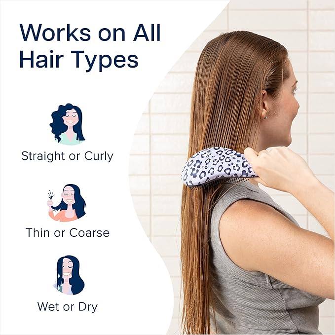 Crave Naturals Glide Thru Hair Brush - Detangler Brush for Curly, Straight, Wet or Dry Hair - Gentle Detangling Brushes for Adults, Kids, Toddlers - Hair Accessories for Women, 7.5"x3" - Blue Cheetah