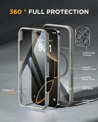 Miracase for iPhone 16 Pro Max Case 6.9'', [Bubble Free] Full-Body Bumper Phone case with Built-in Full Glass Screen &Lens Protector,Compatible with MagSafe,Drop Proof 16 Pro Max Cover,Titianium