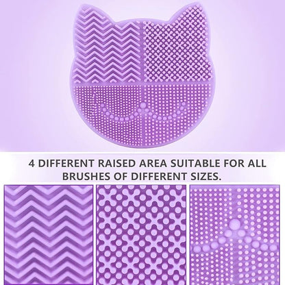 Silicon Makeup Brush Cleaner Mat with Portable Cat Shaped Cosmetic Brush Cleaner Pad - Lavender