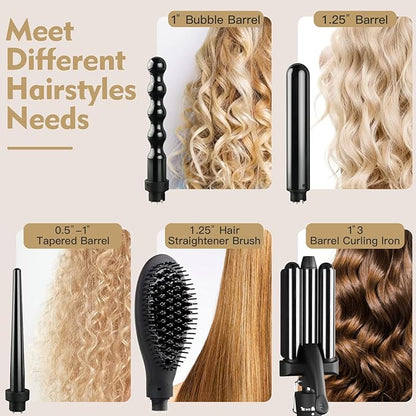 5 in 1 Curling Iron & Straightener Set - Interchangeable Barrels, Instant Heat Up, LED Display