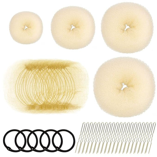 FANDAMEI Hair Styling Set - Bun Maker, Hair Nets, Hair Pins, and Elastic Bands in Various Sizes (Gold)