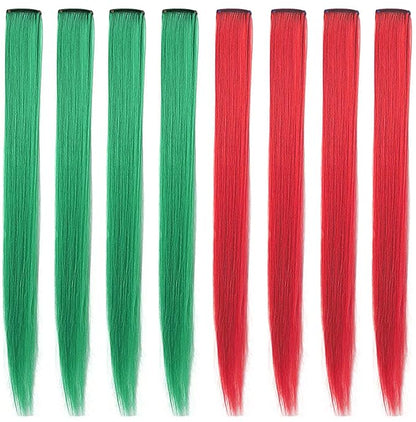 20 Inch Colored Hair Extensions Colored Hair Wig for Girls Straight Fashion Hairpieces Party Highlights 8 PCS (Red Green)