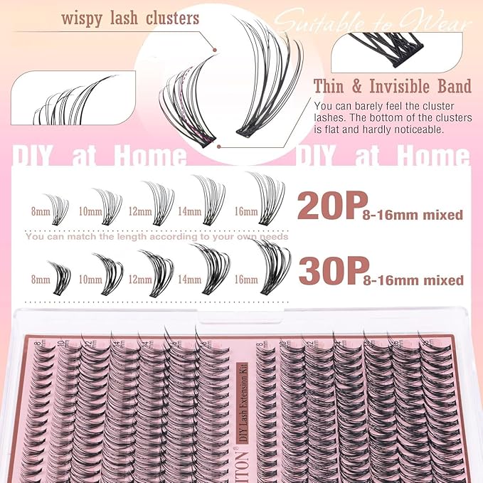 Natural DIY Lash Extension Kit Wispy Lash Clusters D Individual Lashes 20D+30D 280Pcs Lash Clusters Kit 8-16mm Eyelash Extension Kit by FANXITON