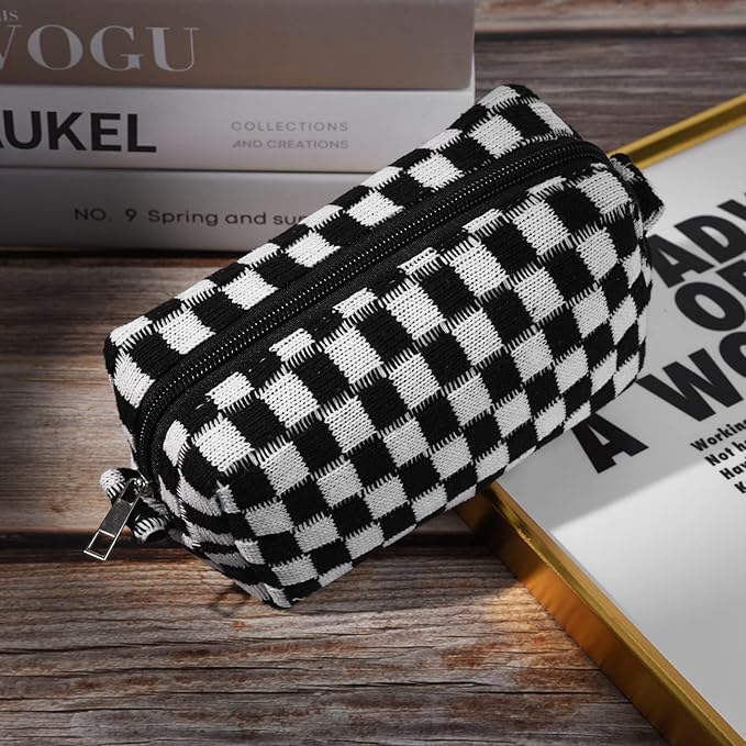 2 Pieces Checkered Cosmetic Travel Bags - Cute Makeup Pouch Organizers With Brush Storage for Women