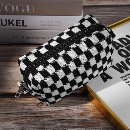 2 Pieces Checkered Cosmetic Travel Bags - Cute Makeup Pouch Organizers With Brush Storage for Women