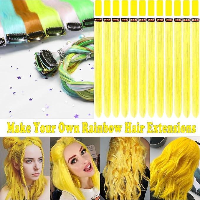 12 PCS Yellow Hair Extensions Clip in, 20 Inch Colored Party Synthetic Neon Highlights Extensions, Rainbow Hair Accessories for Girls Women Kids Hair Pieces (Yellow)