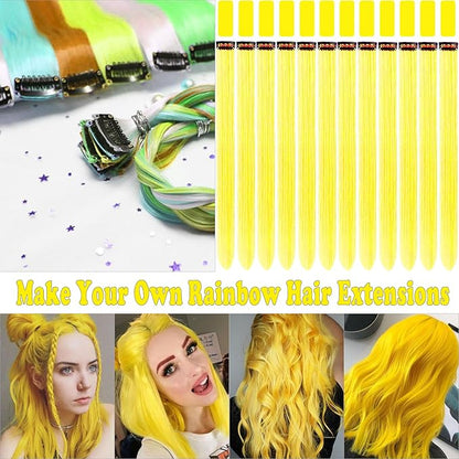 12 PCS Yellow Hair Extensions Clip in, 20 Inch Colored Party Synthetic Neon Highlights Extensions, Rainbow Hair Accessories for Girls Women Kids Hair Pieces (Yellow)