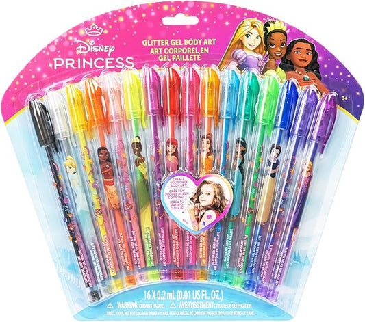 Disney Princess 16 Piece Glitter Pen Body Art Set, Glittery and Bright Colors, Ages 3+, by Townley Girl